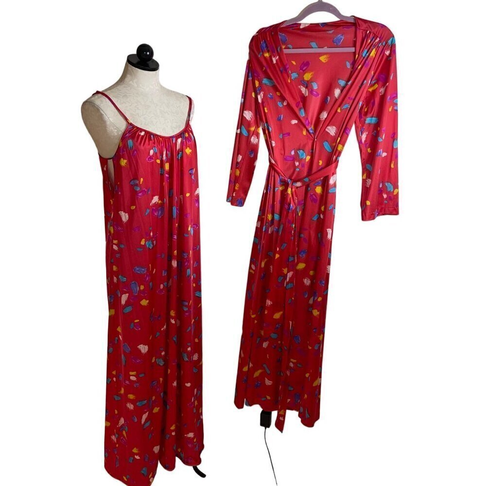 Vanity Fair Vintage 80s Womens Nightgown Robe Set Size S Red Brush Stroke Print